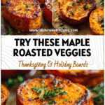 Golden maple roasted sweet potatoes on a baking tray with herbs showcasing oven roasted veggie dishes.